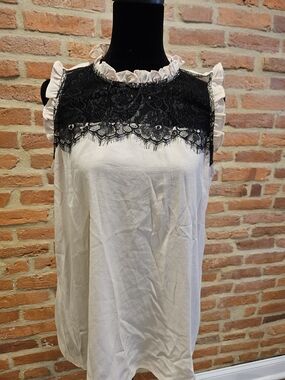 Sleeveless Lace Yoke Ruffle Neck Top - White & Black